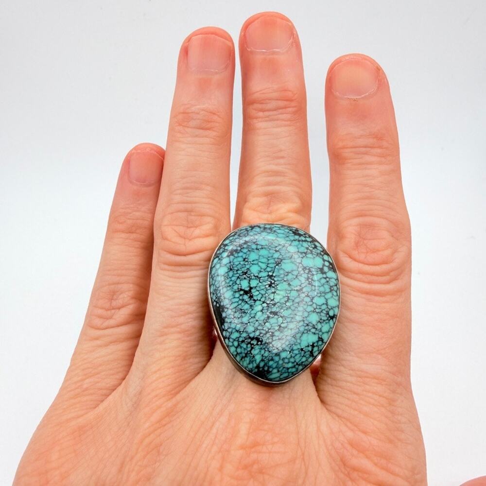 Rocki Navajo 925 Sterling Silver Spiderweb Turquoise Ring Chunky Southwest Sz 8